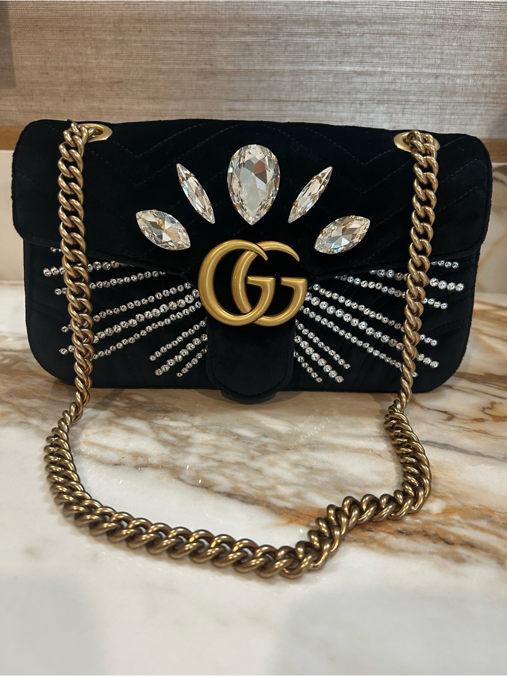 Gucci Black Velvet Crystal-Embellished Shoulder Bag with Gold GG